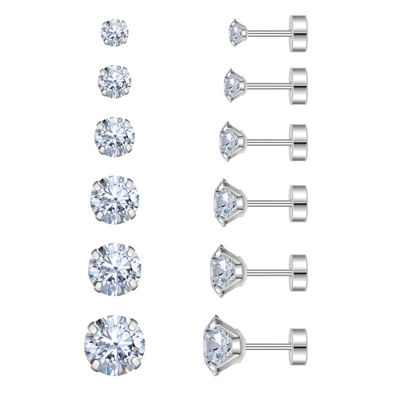 Monily Flat Back Stud Earrings for Women Cartilage Earrings Surgical Steel Earrings CZ Studs 6 Pairs 18G - Image 1